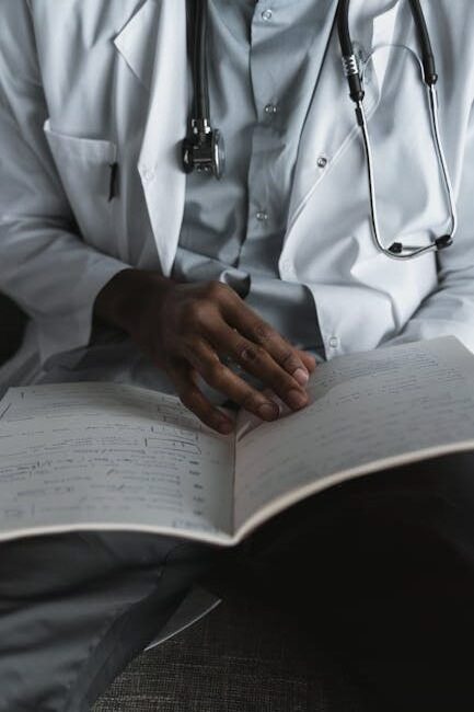 Close-up of a doctor reading medical notes, wearing a stethoscope, symbolizing diligent medical research and study.